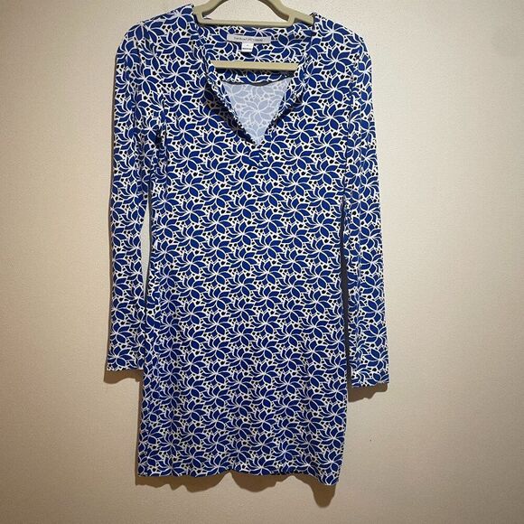 Diane Von Furstenburg Size 0 Reina L/S Long Sleeve Jersey Mini Dress Blue Floral - Picture 2 of 12